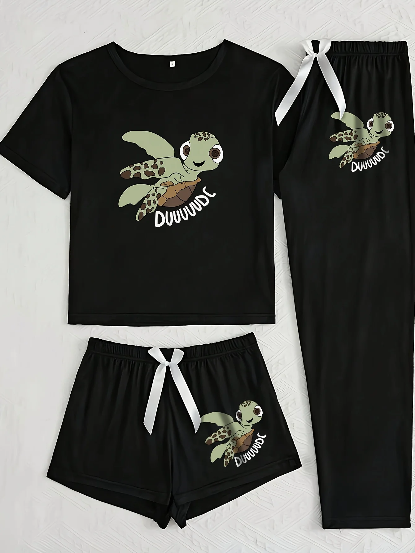 [منامة سلحفاة مكونة من 3 قطع] بدلة بيجامة نسائية مكونة من ثلاث قطع |   طباعة السلحفاة الكرتونية |   بأكمام قصيرة