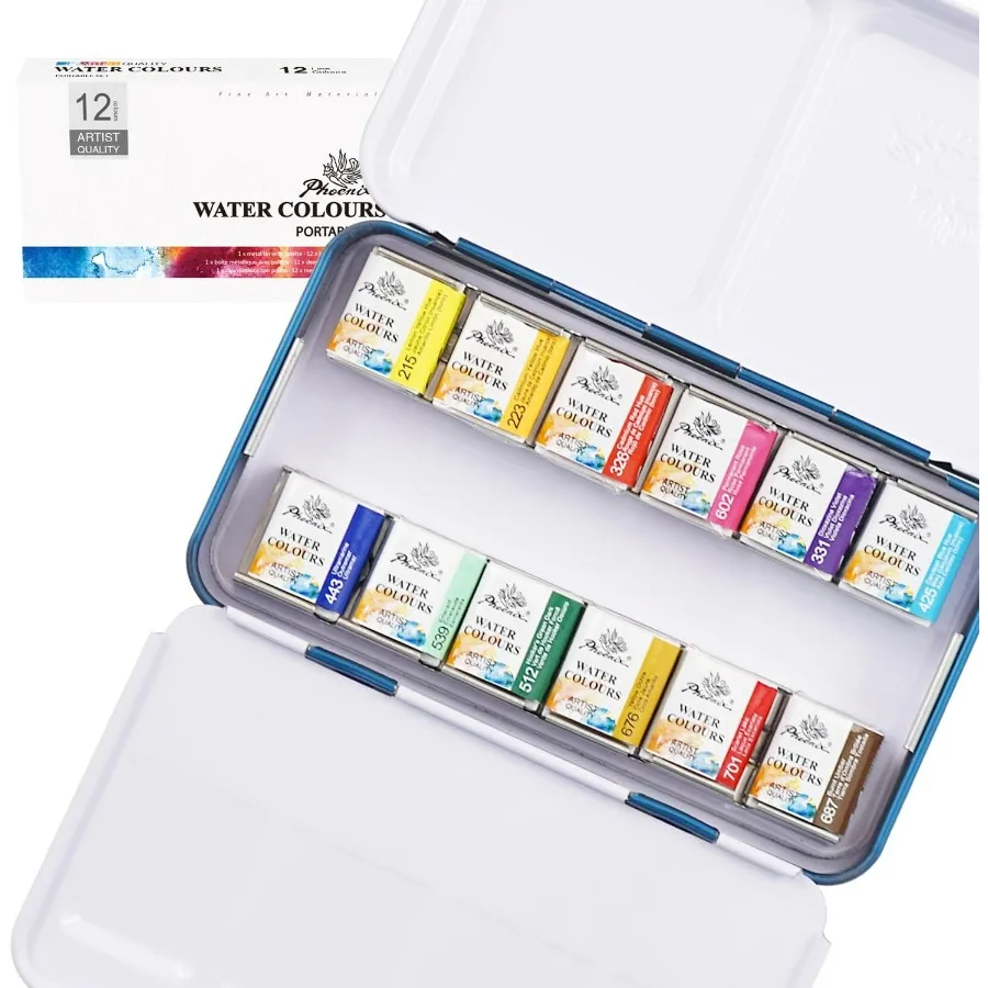 Juego de pintura de acuarela de grado artista con 12 colores en media sartenes, formato de alta concentración de pigmento para artistas profesionales Portab