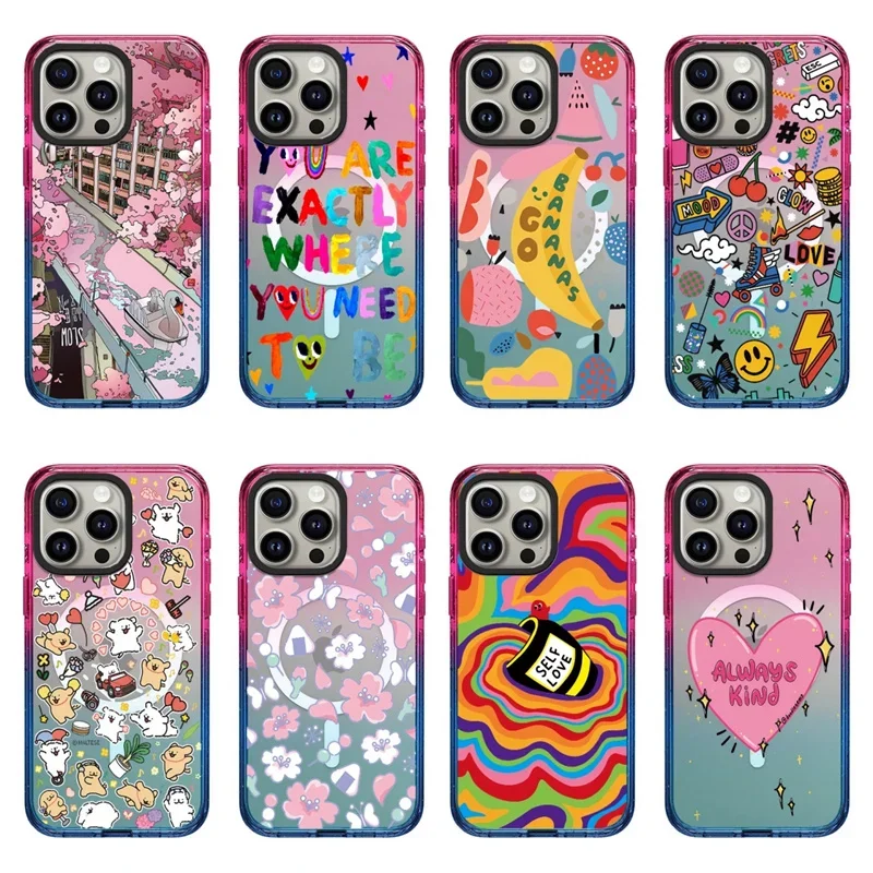 

Cherry Blossoms Pattern Magnets Case for iPhone 11 12 13 14 15 Pro Max Colorful Border Cartoon Engraved Letters Phone Case