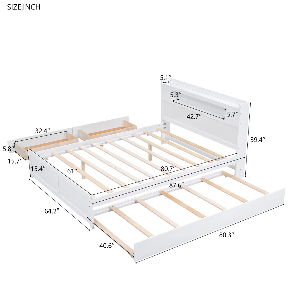 Queen Size Wood Storage Platform Bed with LED, 2 Drawers and 1 Twin Size Trundle, Box Spring Not Required, Bed Frame for Bedroom