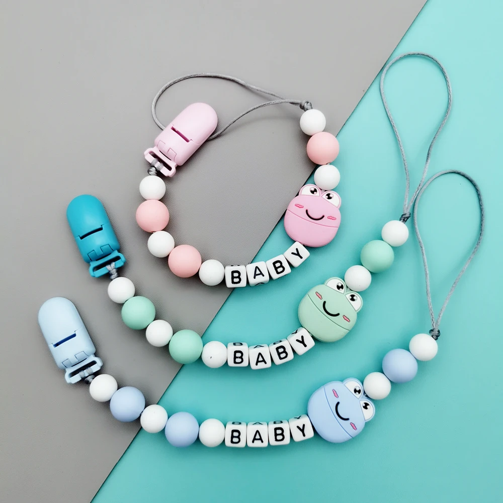 Personalizzato inglese russo lettere nome bambino Silicone rana ciuccio clip catene massaggiagengive pendenti bambino ciuccio Kawaii