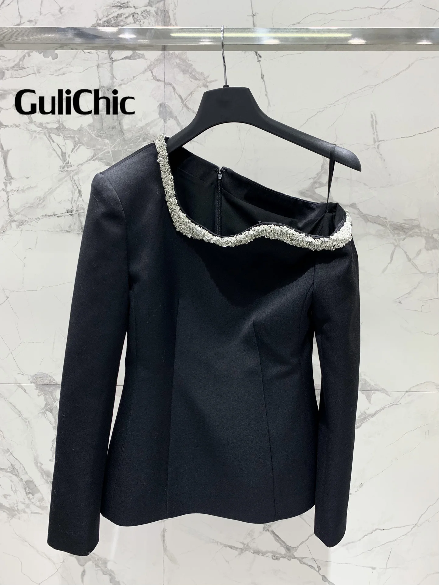 8.12 GuliChic Women Elegant Temperament Skew Collar Blazer Beading Decoration One Shoulder Collect  Waist Slim Top