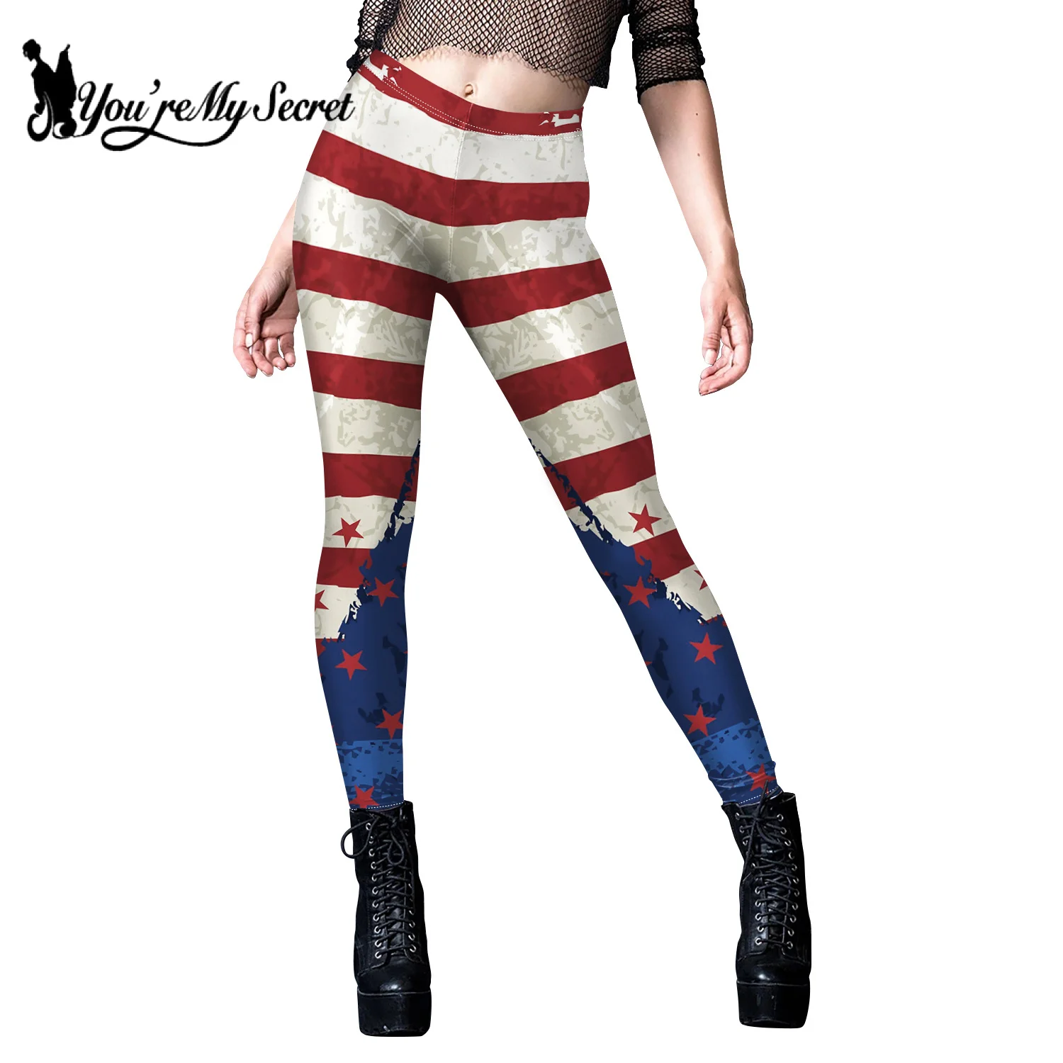 [You're My Secret] Women American Flag Stripe Star Print Leggings High Waist Push Up Workout Tights Sexy Pants Elastic Female