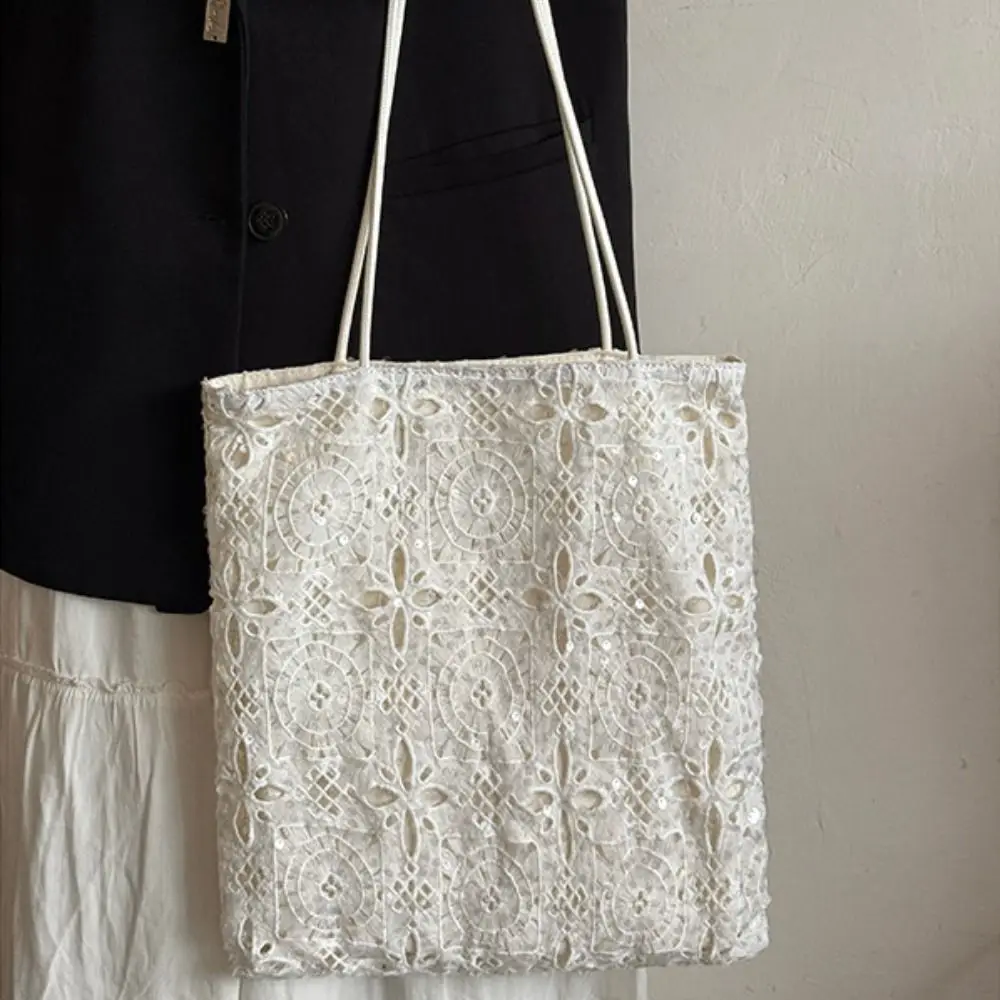 

Hollow Out Embroidery Lace Shoulder Bag Embroidered Large Capacity Sequin Tote Bag Lightweight Flower Women's Weave Handbag