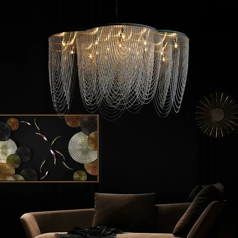 

Modern Luxury Pendant Lights Living Room Silver Tassel Pendant Lamp Lustre Led Light Villa Foyer Lighting Fixtures Living Room