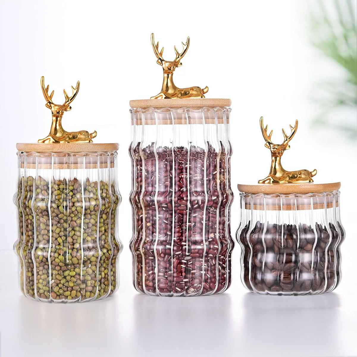 

Bamboo Lid Striped Glass Storage Bottles Sealed Jar Tea Coffee Beans Grains Candy Jars Organizer Kitchen Food Glass Containers