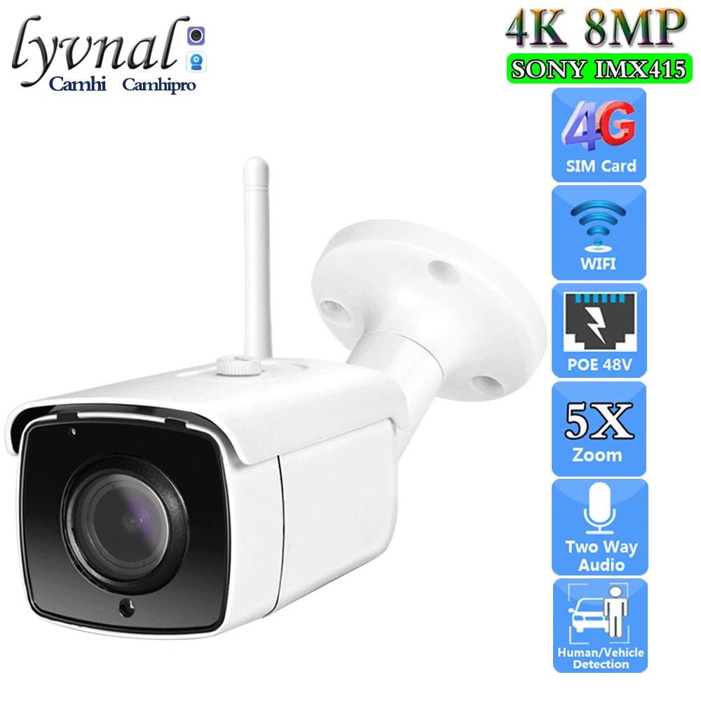 H.265 Sony IXM415 4K 8MP Wifi Camera 5X Zoom Two Way Audio 3G 4G SIM Card Wireless Security IP Camera POE 5MP Outdoor SD TF Card