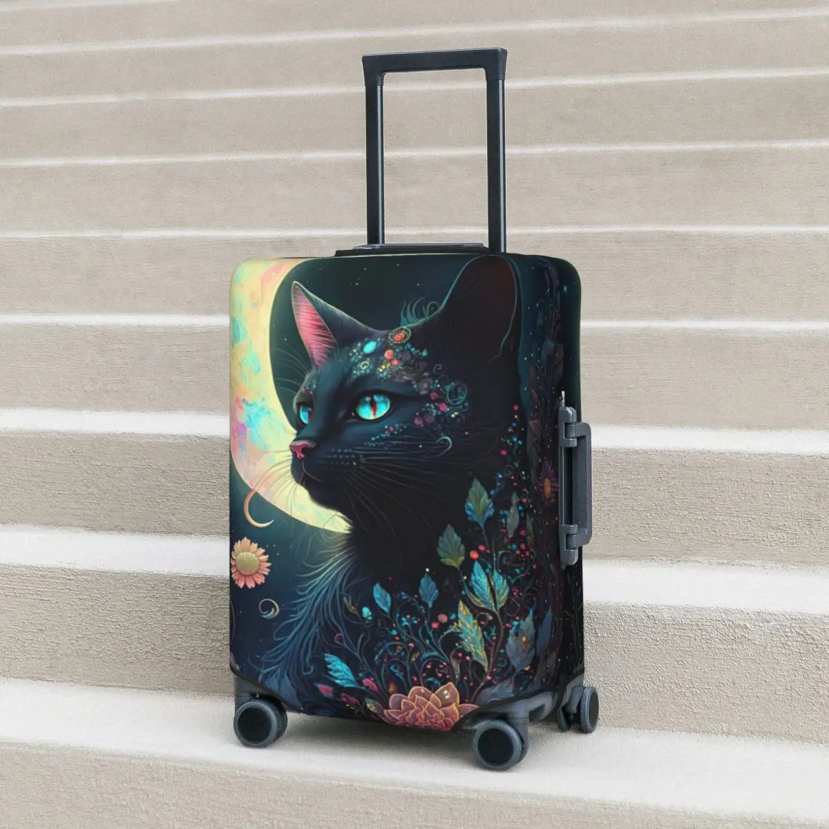 Mystical Moon Cat Suitcase Cover flowers Fun Cruise Trip Protector, suministros de equipaje para vacaciones