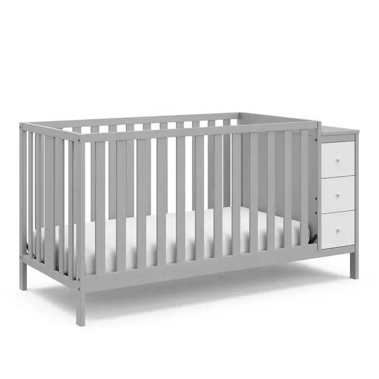 CLAF BEBE Muebles de guardería modernos, cama de bebé de madera maciza gris no tóxica, cuna con cambiador de pañales