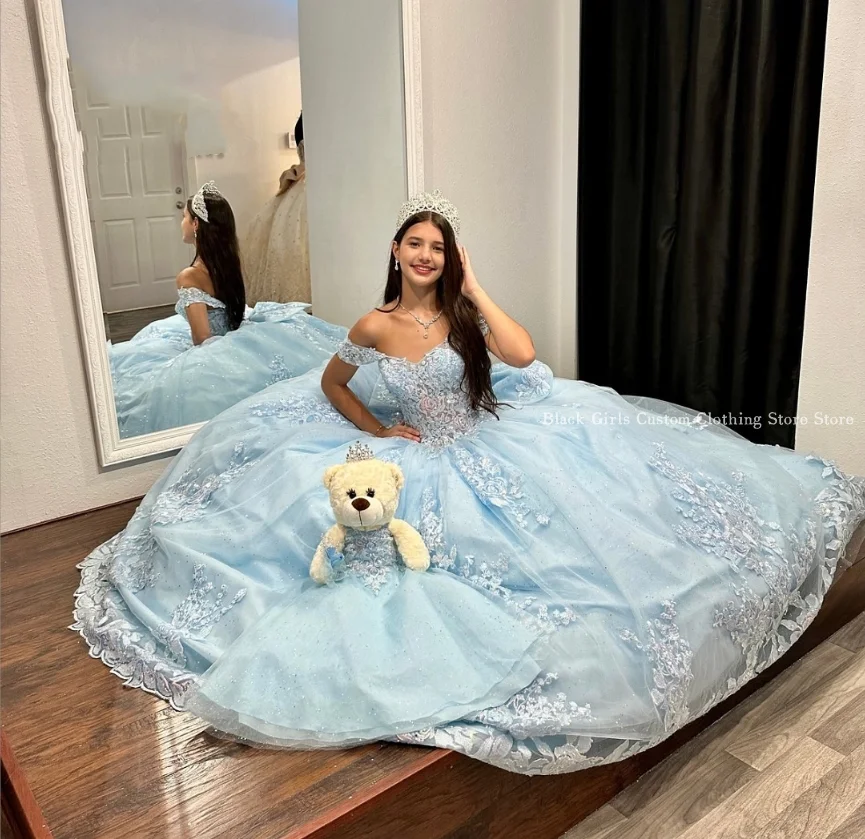 Sky Blue Princess Quinceanera Dresses 2024 One Shoulder Corset 3D Lace Appliques vestido 15 quinceañeras baratos