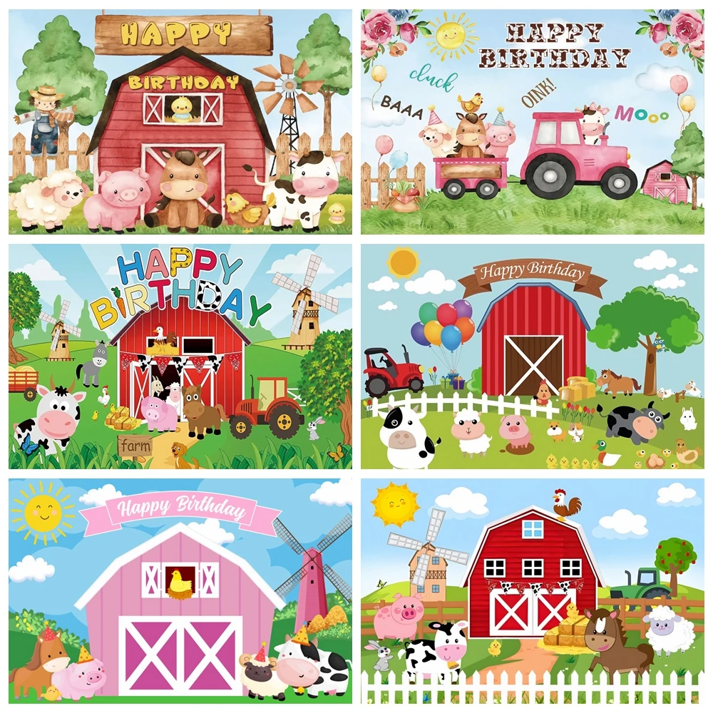 

Cartoon Farm Animals Backdrop for Photography Barn Tractor Farmhouse Newborn Baby Shower Birthday Party Background Photo Studio