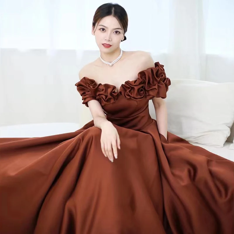 

Caramel Colored One oulder Wedding Dr Luxury Long Evening Gown for Bride Performance Celebration Autumn New Arrival
