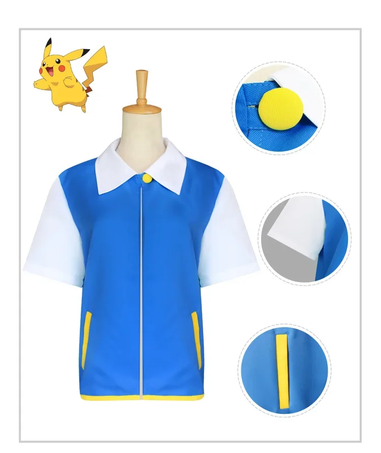 Ash Ketchum Anime Trainer Cosplay Traje para homens e mulheres, jaqueta azul, boné e luvas, festa de Halloween cosplay