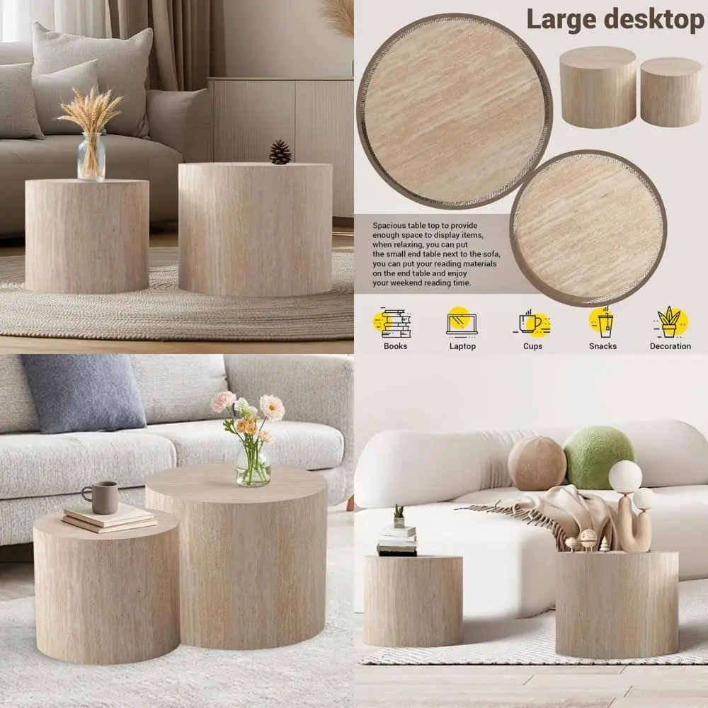 

Круглый журнальный столик с барабаном, травертиновый журнальный столик, набор из 2 шт. для гостиной, современные роскошные деревянные приставные столики, штабелируемый акцент