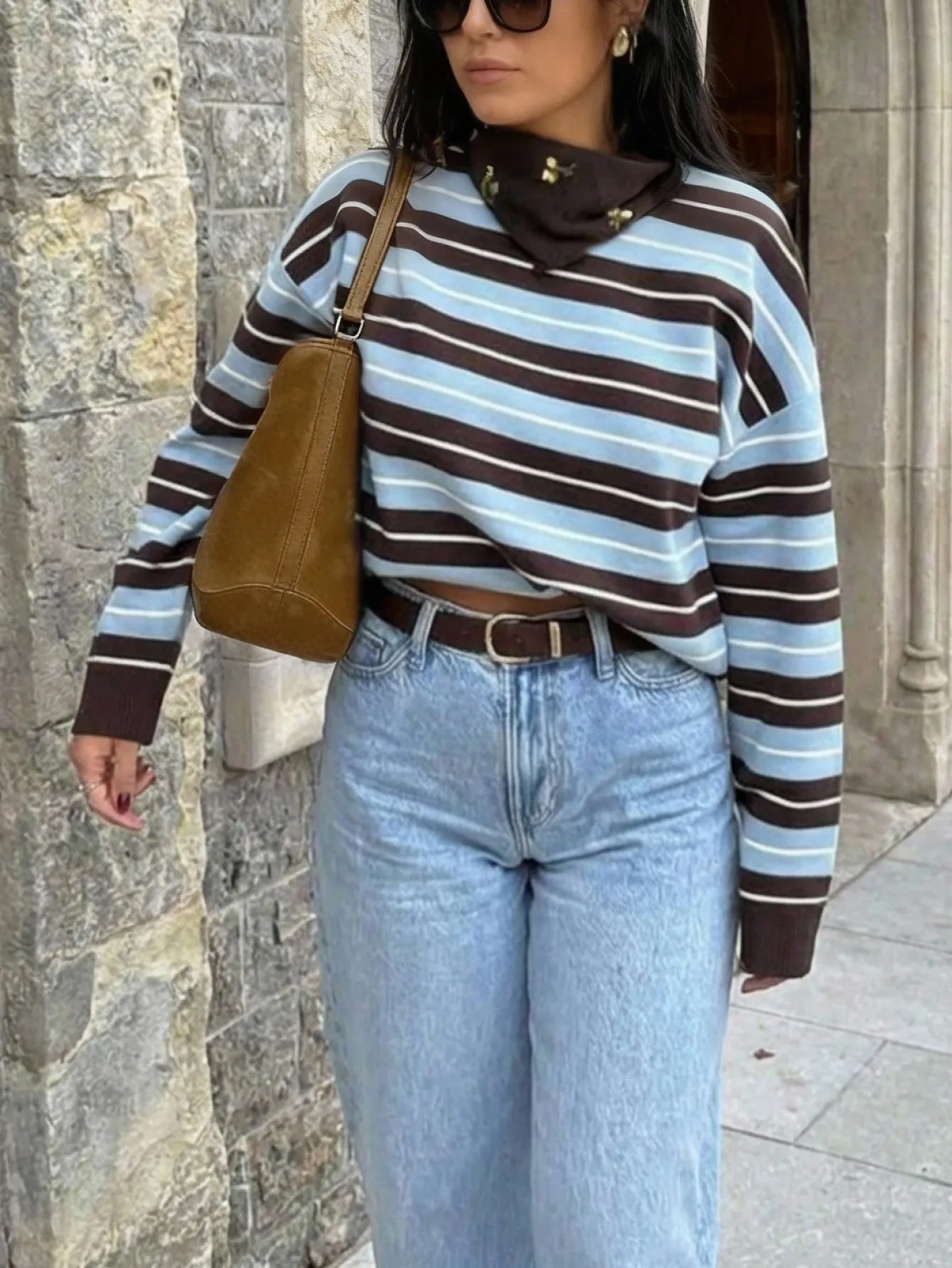 

Women's Crew Neck Striped Long Sleeve Knit Sweater, Casual Spring Top, Loose Fit Daily Wear