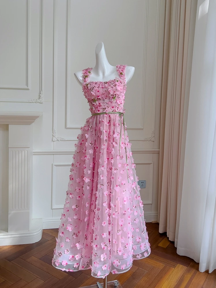 

Ele Pink Floral Design Summer Dr High Waist Long Skirt No Sve Women's Faion Daily Wear Nylon Fabric Gown