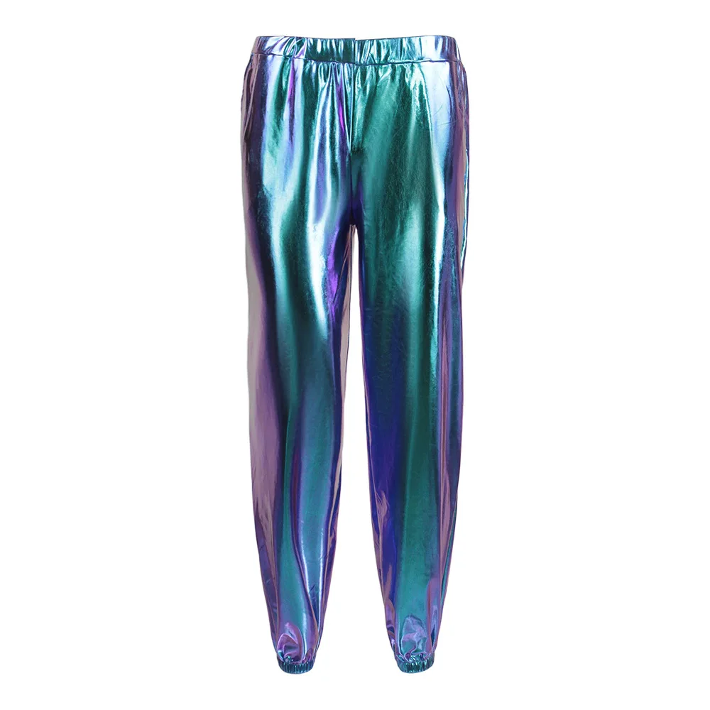 Hot Stamping Leather Street Hip Hop Party Coswear, Colorful Pants, Loose Fitting, Halloween Performance Costumes, Patent