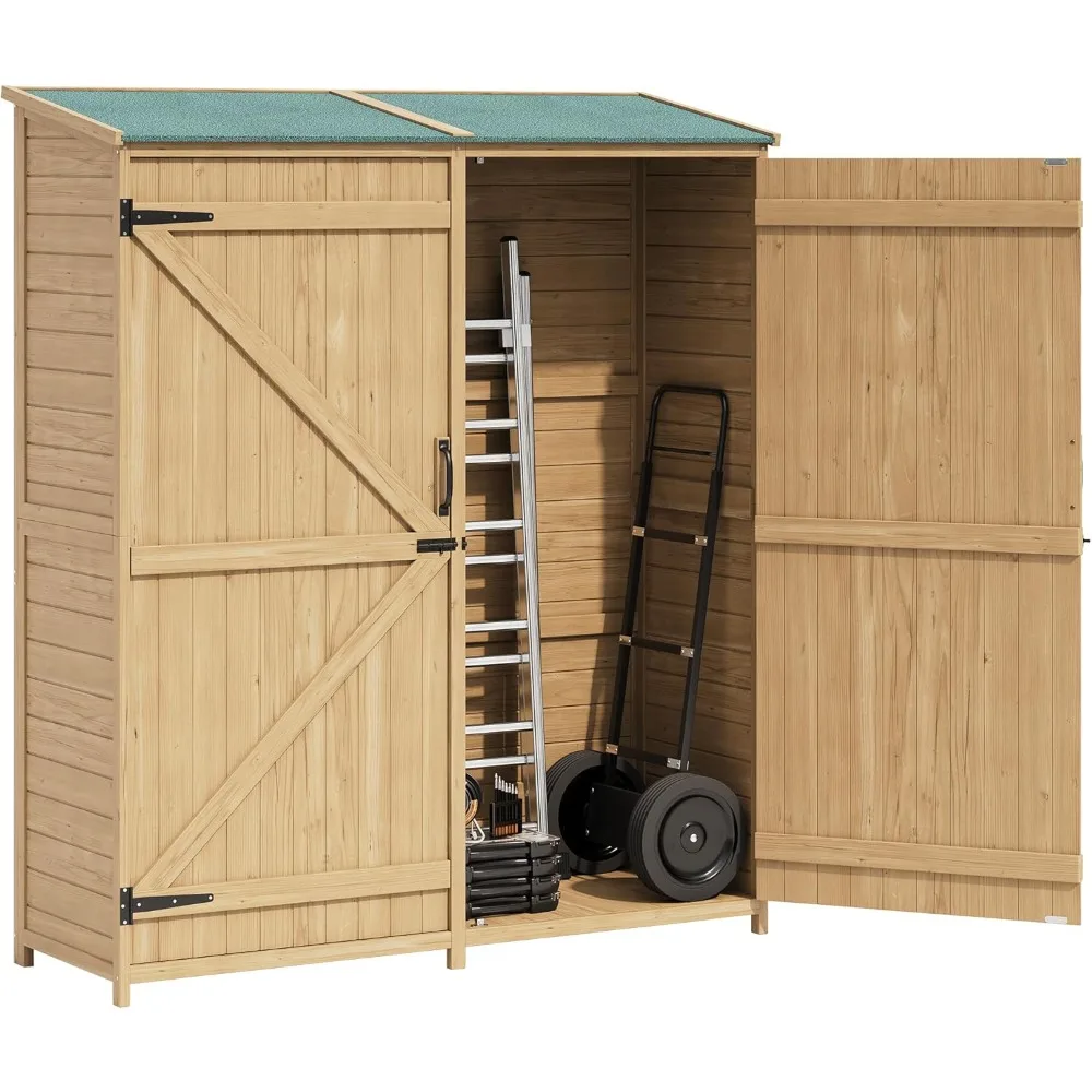 

Outdoor Storage Cabinet, 64" Vertical Tall Garden Tool Shed with Waterproof Sloped Roof, Lockable Double Doors, Removable Shelve