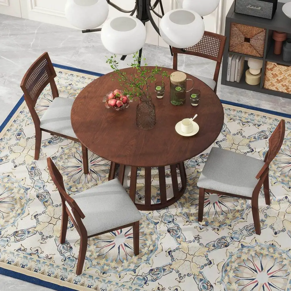 5-Piece Retro Dining Set with 1 Round Dining Table and 4 Upholstered Chairs with Rattan Backrests for Dining Room and Kitchen