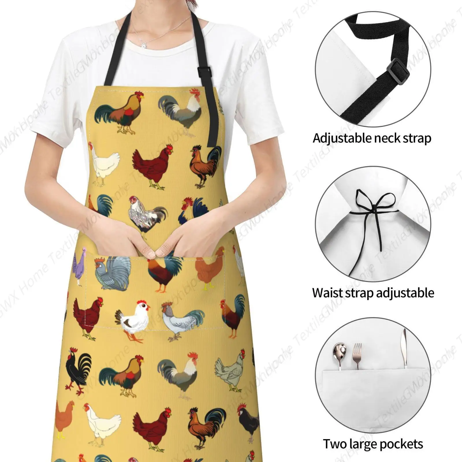 Cute Rooster Apron Chicken Aprons for Women with 2 Pockets Funny Animal Aprons Unisex Kitchen Bib for Cooking Baking Gardening