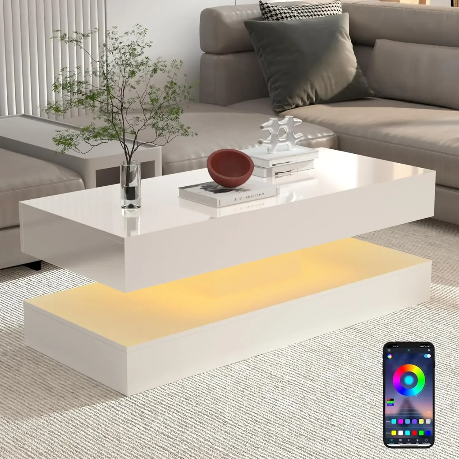 

Большой глянцевый LED-кофейный столик 47,3 дюйма с 2 ящиками для хранения, черный/белый, современные кофейные столики для гостиной, журнальный столик для гостиной