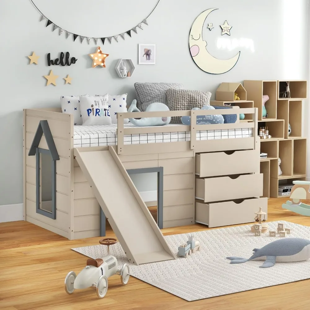 

HONEY JOY Loft Bed Twin Size, Wood Kids Bed Frame w/Slide, Ladder, 3 Drawers & Underneath Play Space, No Box Spring Needed, Girl
