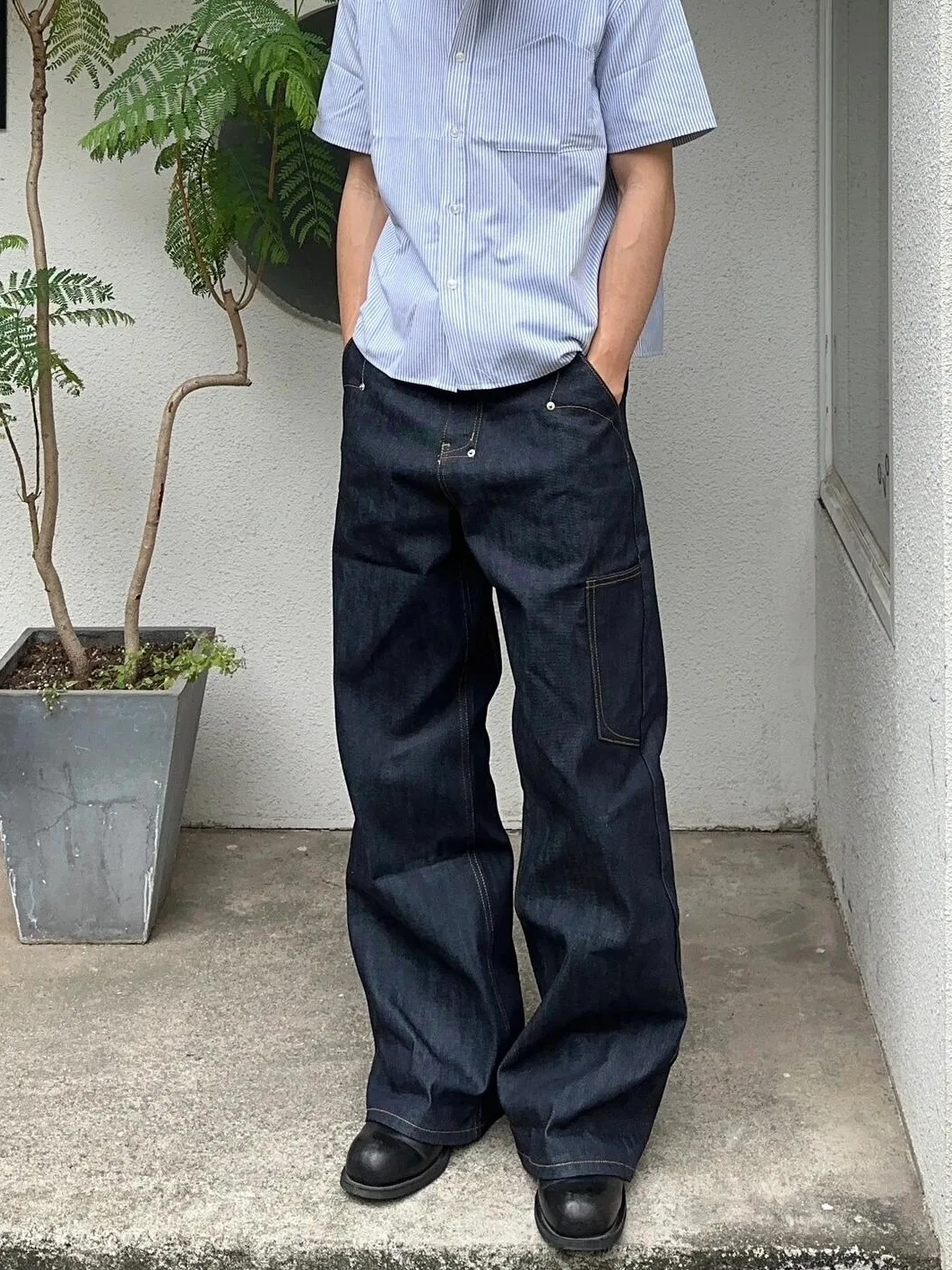 بنطلون جينز رجالي من CGG بتصميم كلاسيكي أمريكي مطرز بسكين غير رسمي فضفاض وواسع الساق مستقيم طويل بخصر عالٍ من قماش الدنيم