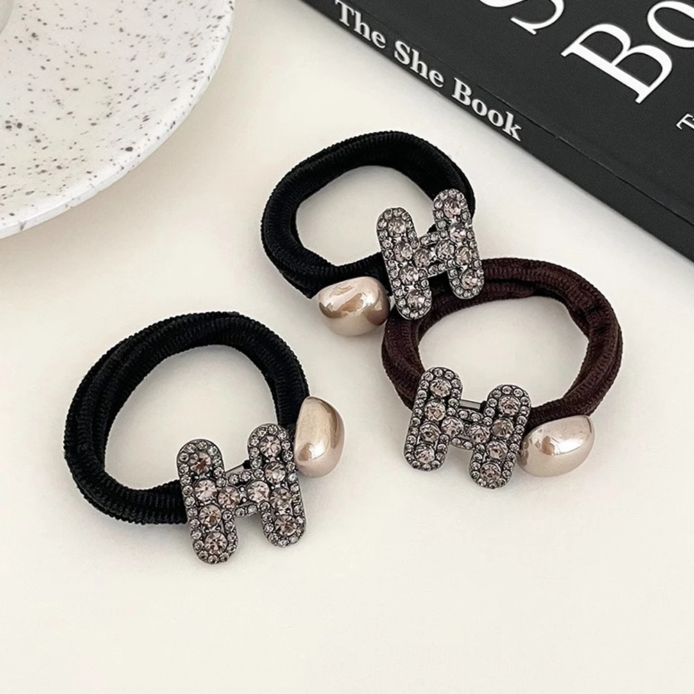 Elegant Rhinestone H Hair Rope With Faux Pearl Black Brown Color Rubber Band For Ponytail Holder Women Girls Party Headwear
