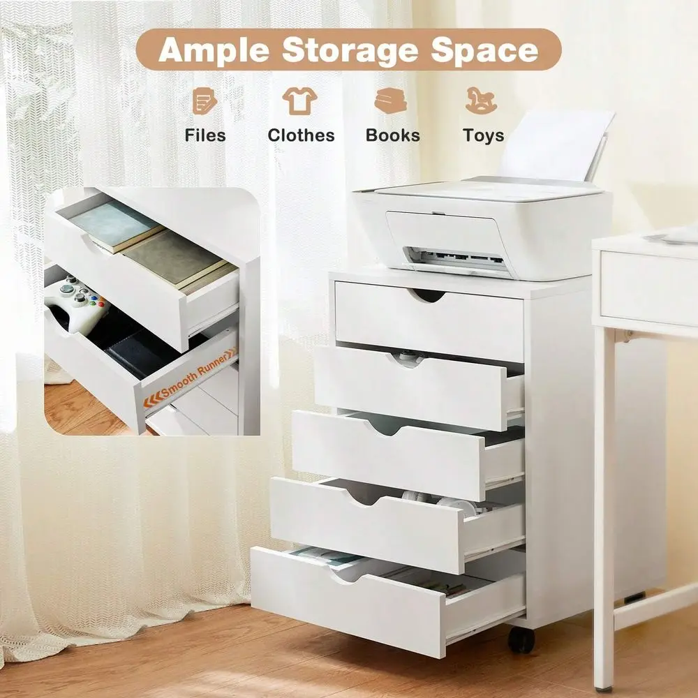 

5 Drawer Storage Organizer, Wood File Cabinets With Wheels, Large Printer Stand For Home Office Study Dressing Room, Set Of 1,