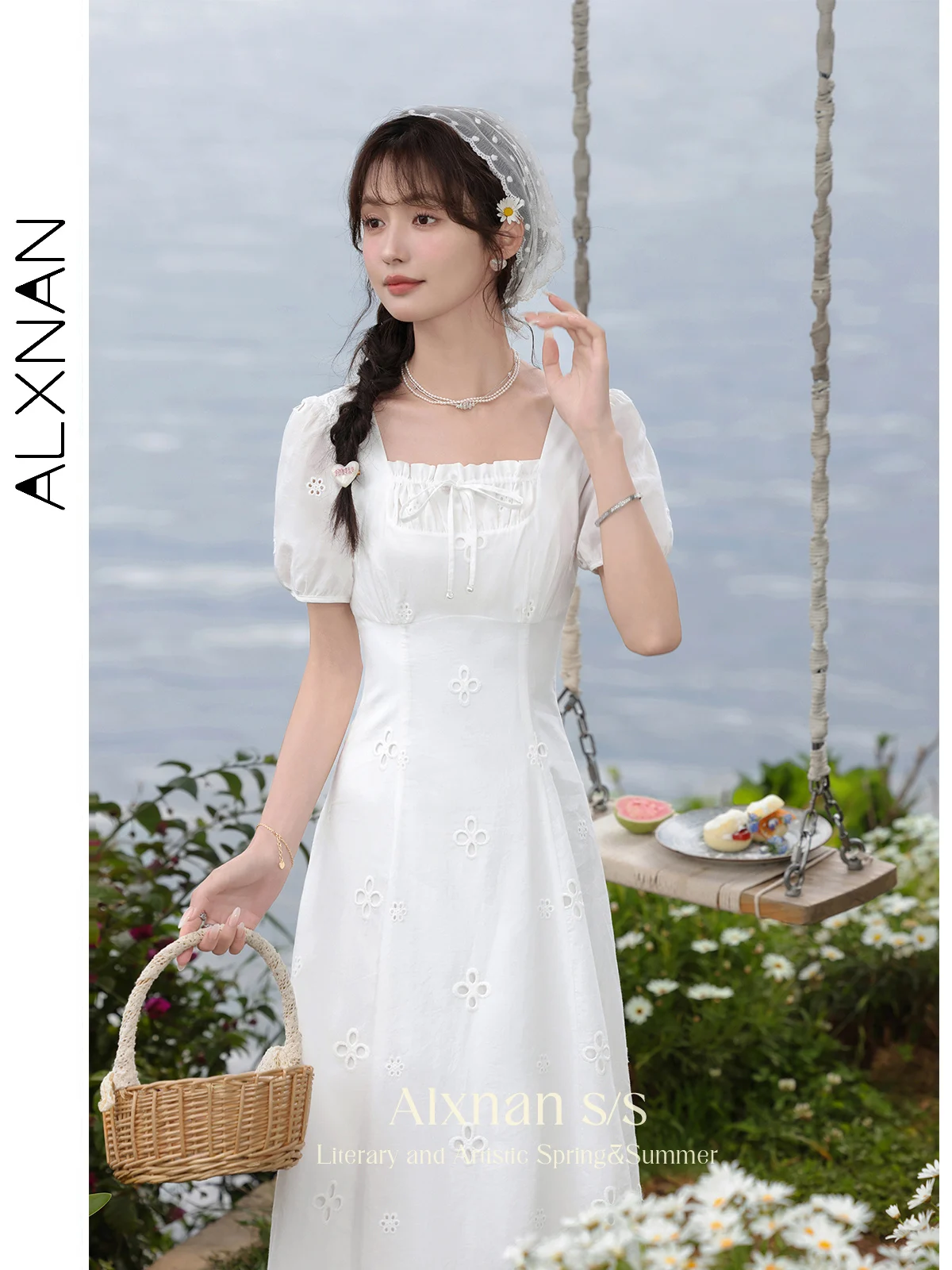 

ALXNAN Summer Puff Sleeve Dress for Women 2024 New Square Collar Midi Elegant Solid Female High Waist New A-line Dresses L37302