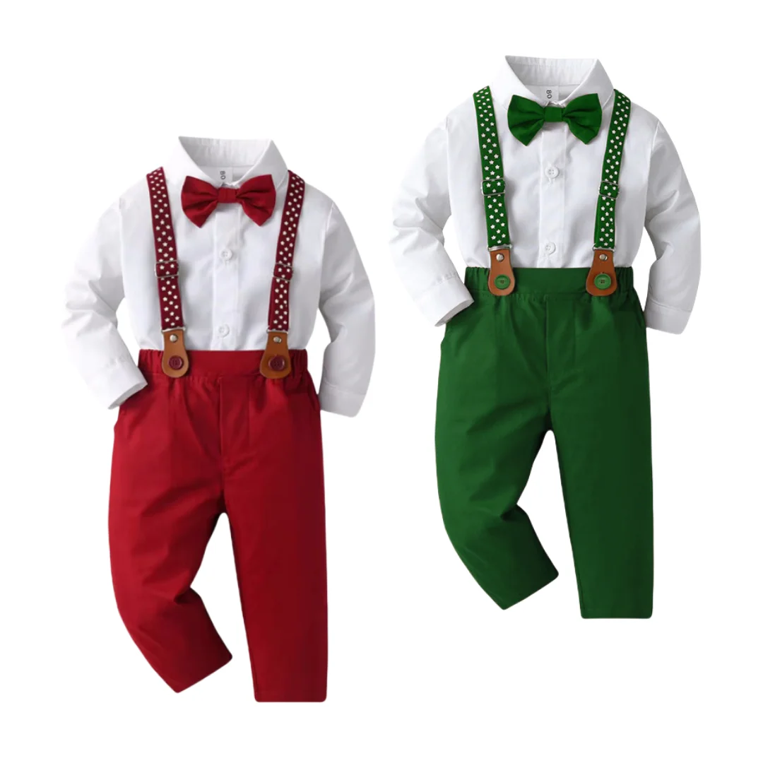 1 2 3 4 5 6 7Y Boy Christmas Outfit White Shirt+Star Printed Strap Set Children Autumn Formal Gentleman Wedding Flower Costume