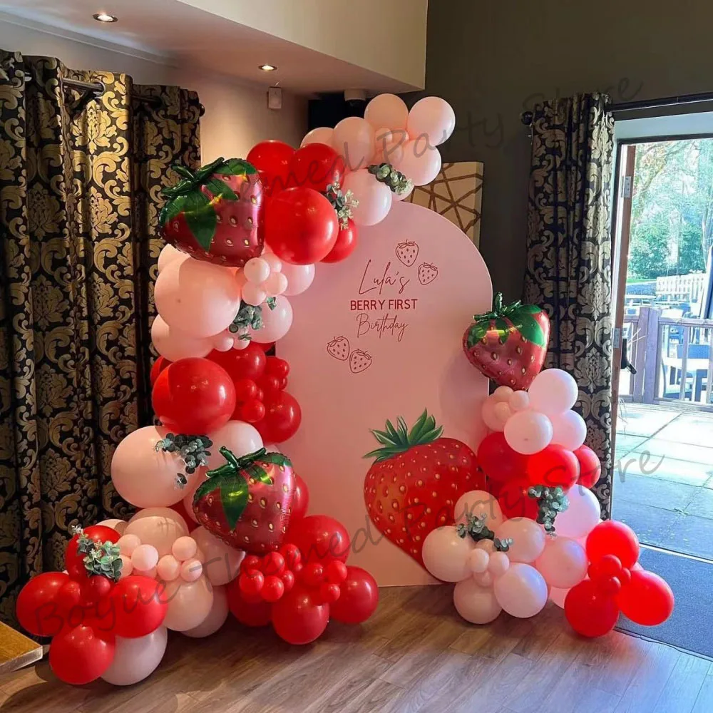 119pcs Strawberry Foil Balloons Garland Arch Kit Red Pink Balloons for Baby Shower Two Sweet Birthday Wedding Party Decoration