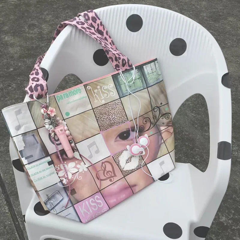 Y2K Patchwork Leopard Print Handbag, Lightweight Large-capacity Shopping Shoulder Bag, Stylish Street Style Tote For Girls