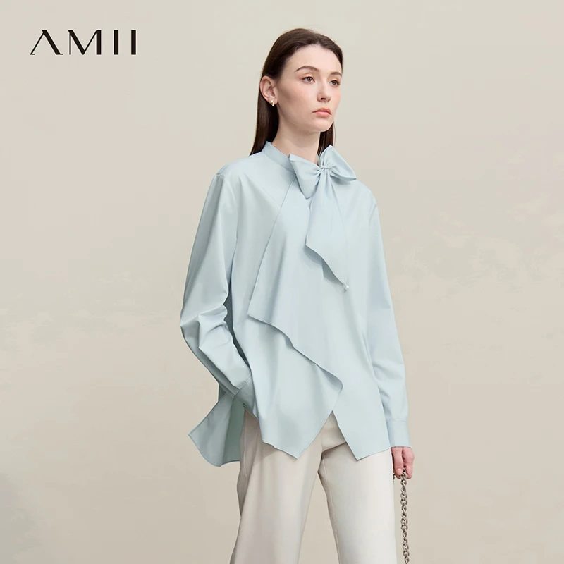 

Amii Women Shirt 2026 Spring New French Elegant Beaded Stand-up Collar Women's Shirt Asymmetrical Loose Ruffle Blouse 12641017