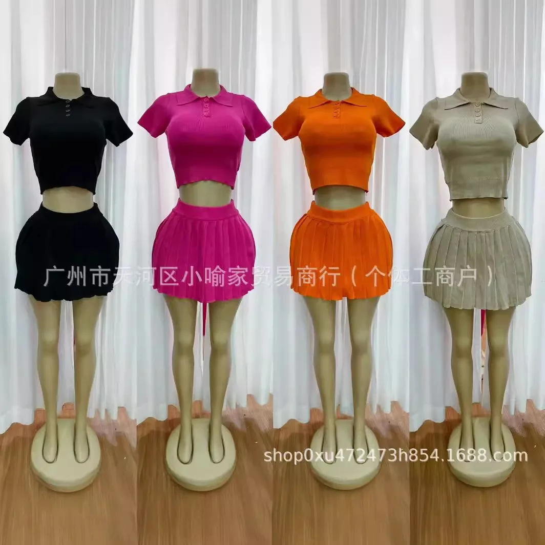 

Women's Knitted Two Piece Solid Color Collar Short Sleeve Pleated Skirt Set 2025 Summer