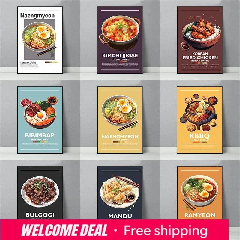 Póster de Comida Coreana 2026: Bulgogi, Bibimbap, Gimbap, Kimchi, Sundubu, Jjigae - Cuadro Minimalista de Pintura Diamante para Cocina y Hogar