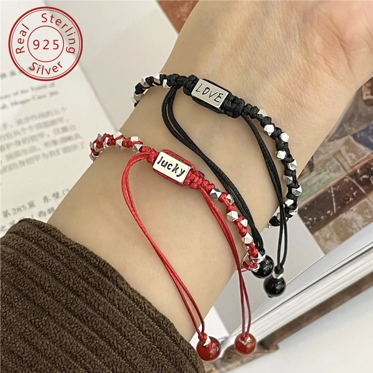 

925 silver broken silver LUCKY&LOVE pull red rope black rope bracelet set, rope pulling design, can be made for couples