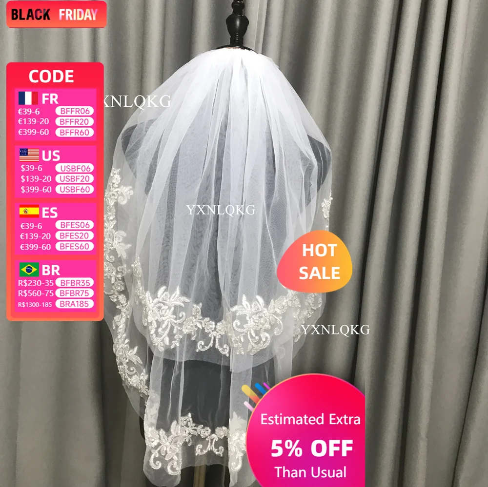 Two Layer European Short Wedding Veils With Comb Soft Tulle Bridal Veils With Romantic Lace Appliques Edge Wedding Accessories