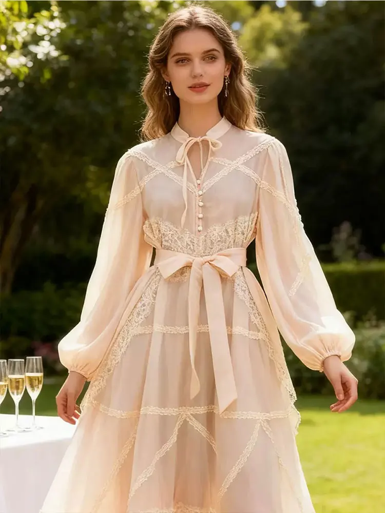 Retro 2026 spring new V-neck fashion design sense stitching wood ear long-sleeved dress with suspenders and loose fluffy skirt w