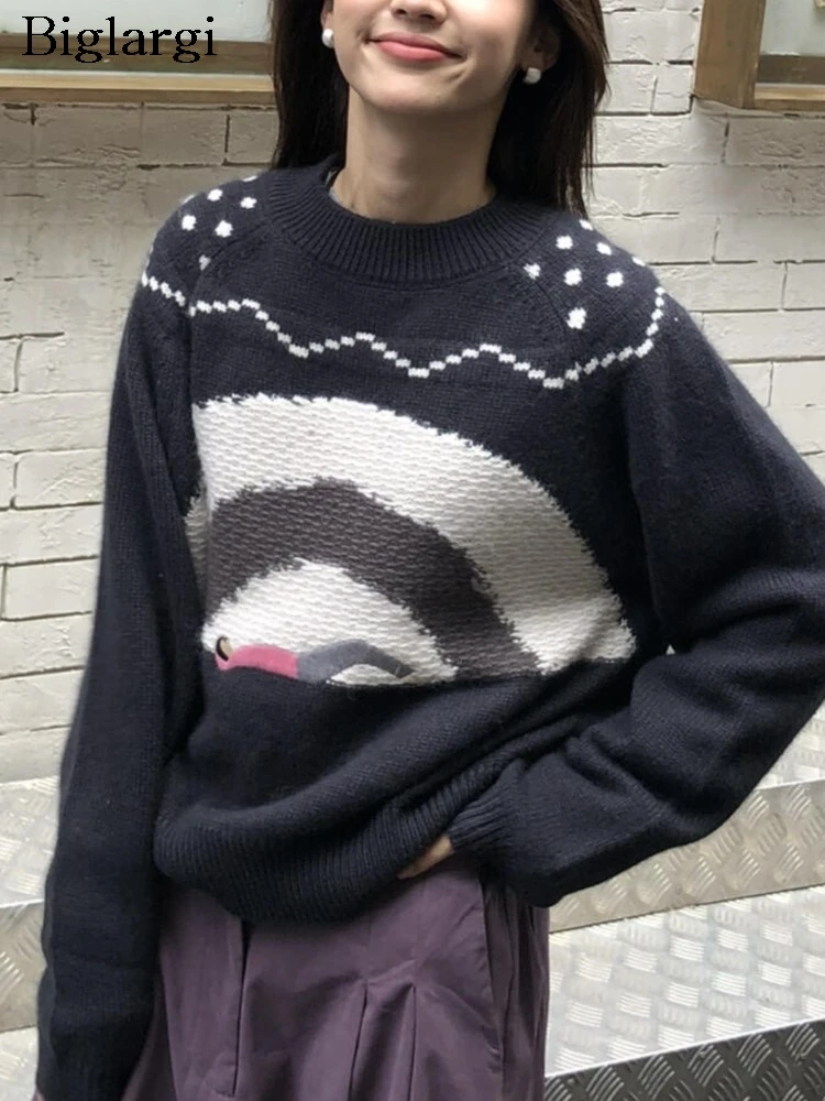 

Вязаный осенний пуловер, женский свитер с принтом, модный корейский стиль, свободные повседневные женские свитера с длинными рукавами, женские свитера, топы
