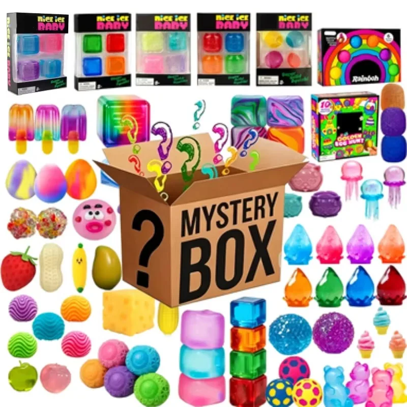 100+Pcs Surprise Box Toys Novelty Stress Relief Assorted Squishy Figures Blind Box Fun Mystery Fidget Stress Relief Surprise