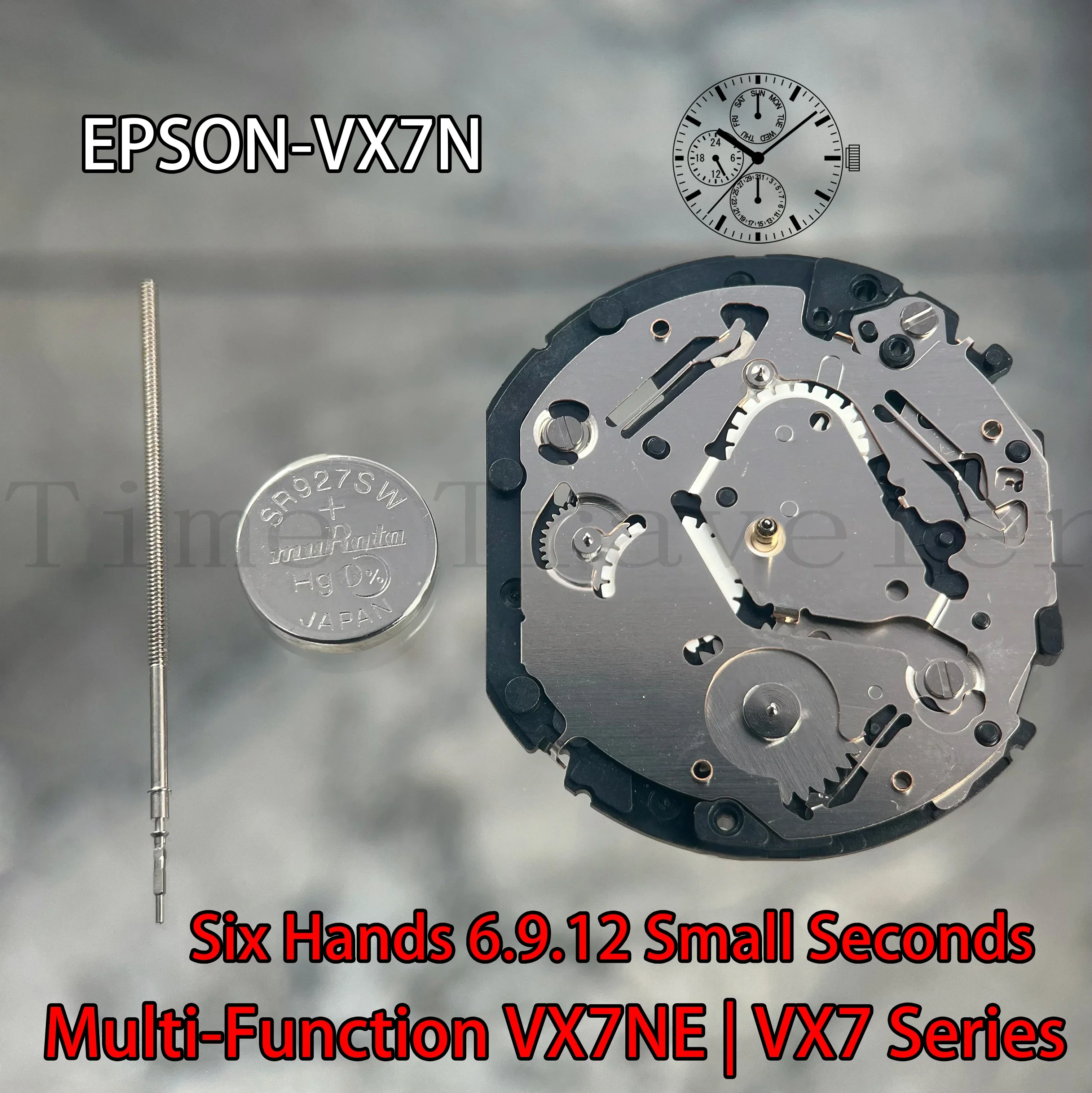 

VX7N Movement Epson VX7N movement VX7 Series Quartz Movement 6.9.12 Small Seconds Size:12 3/4''' 6 Hands Day / Date / 24 Hour