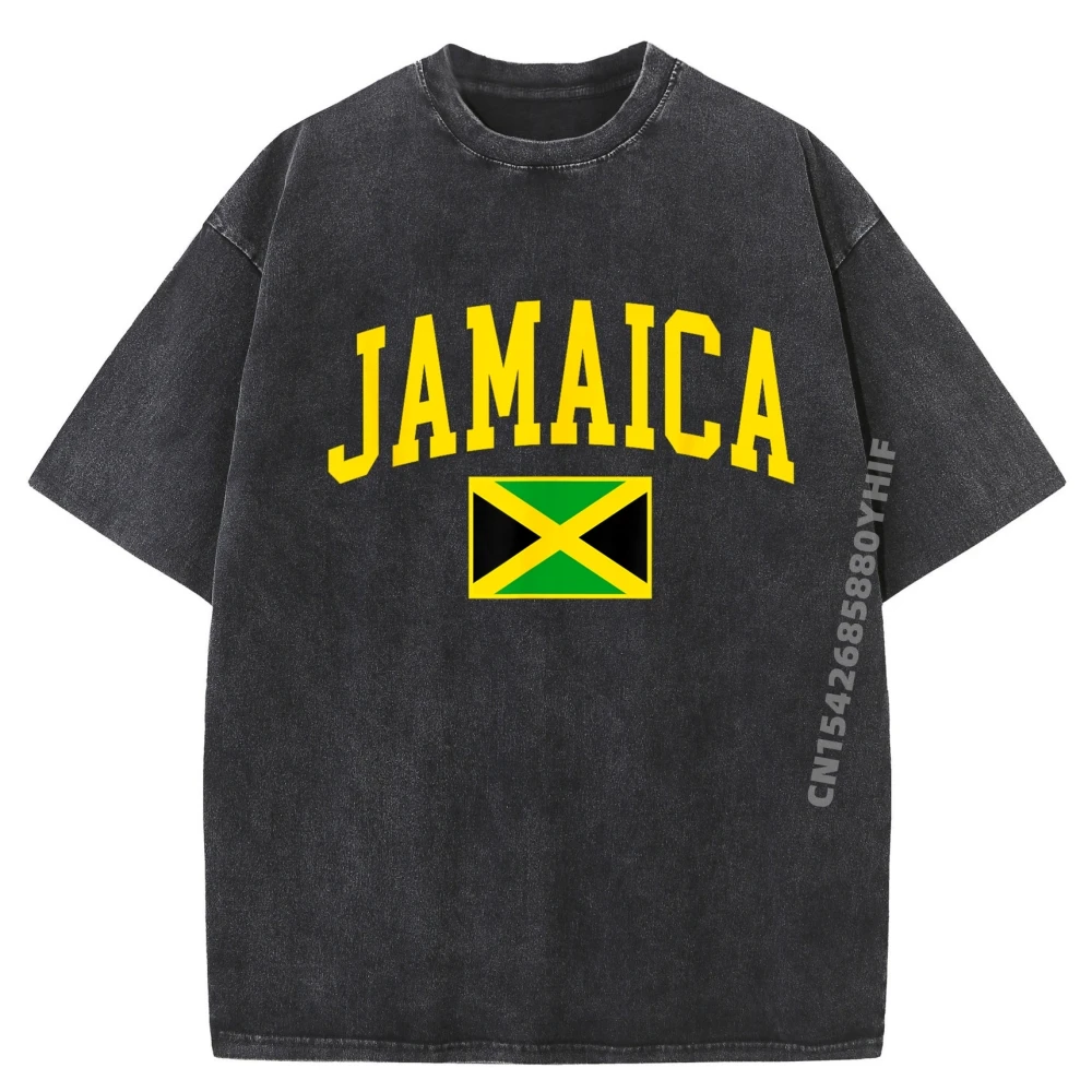 

Jamaica Arched Retro Jamaican Flag Mens Ouvenir Teeshirt Winter Sale T Shirt Leisure Washed Shirt Vegan