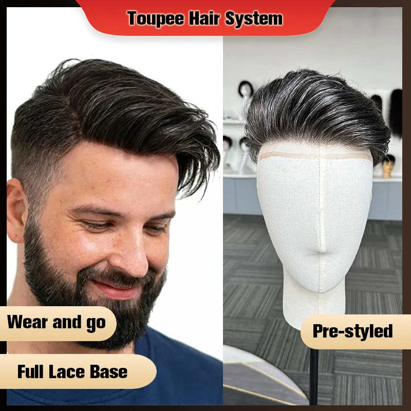 Pre Cut Men\'s Toupee Full Lace Base Human Hair Replacement Toupee System Unit Hair For Men 1B40 Male Wig For Men Hair Prosthesis