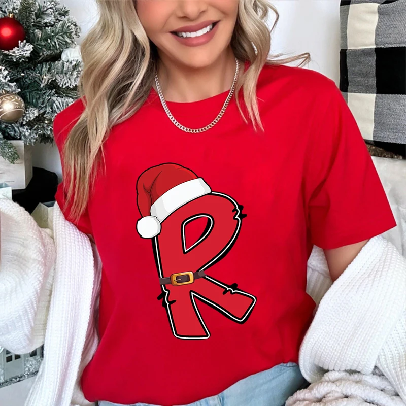 

Повседневная женская рождественская футболка с буквенным принтом A-Z, праздничная футболка с рисунком Санта-Клауса, модные топы для рождественской вечеринки, женская одежда
