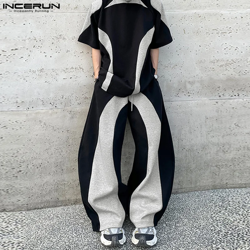 Fashion New Men Sets INCERUN 2024 Short Sleeve T-shirt Wide Leg Pants Casual Streetwear Personality Splicing Two Piece Sets 2024