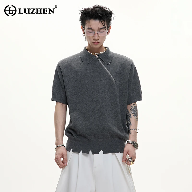 

LUZHEN оригинальный Wornout дизайн наклонная молния футболки с короткими рукавами мужские лето 2025 однотонные красивые повседневные мужские топы JY1968