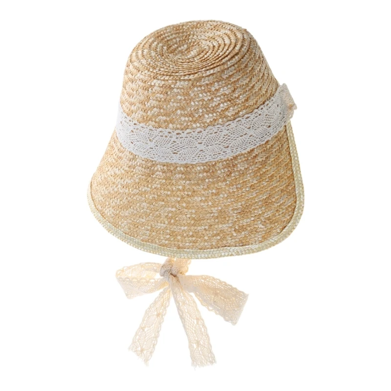 50JB Women French Straw Hat Laceup LolitaStyle Sun Protective Hat Large Brim Headwear