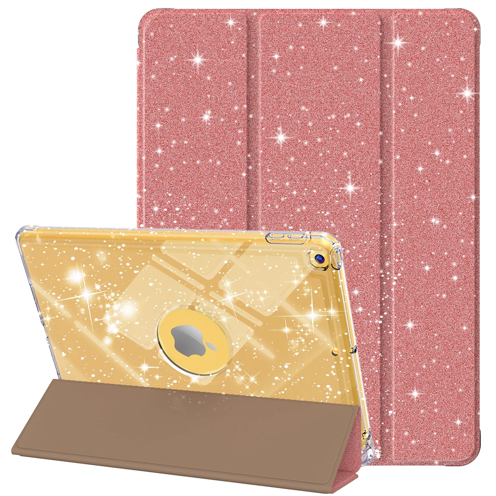 

For iPad 10.2 (2021) / (2019) / (2020) Case with Pencil Slot Tri-Fold Stand Glitter Protective Tablet Cover - Rose Gold