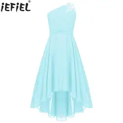 Girls Elegant Princess Christmas Wedding Birthday Party Dress One Shoulder Shiny Beaded Hi-low Hem Chiffon Ruched Evening Gown